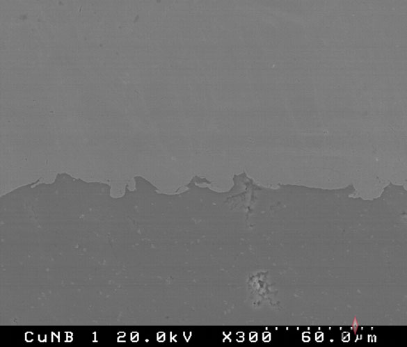 Grayscale SEM image of a CuNb sample showing a jagged boundary along the lower region and a smooth upper region.