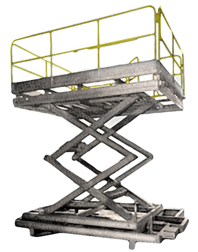 A scissor lift with yellow guardrails and a raised platform.
