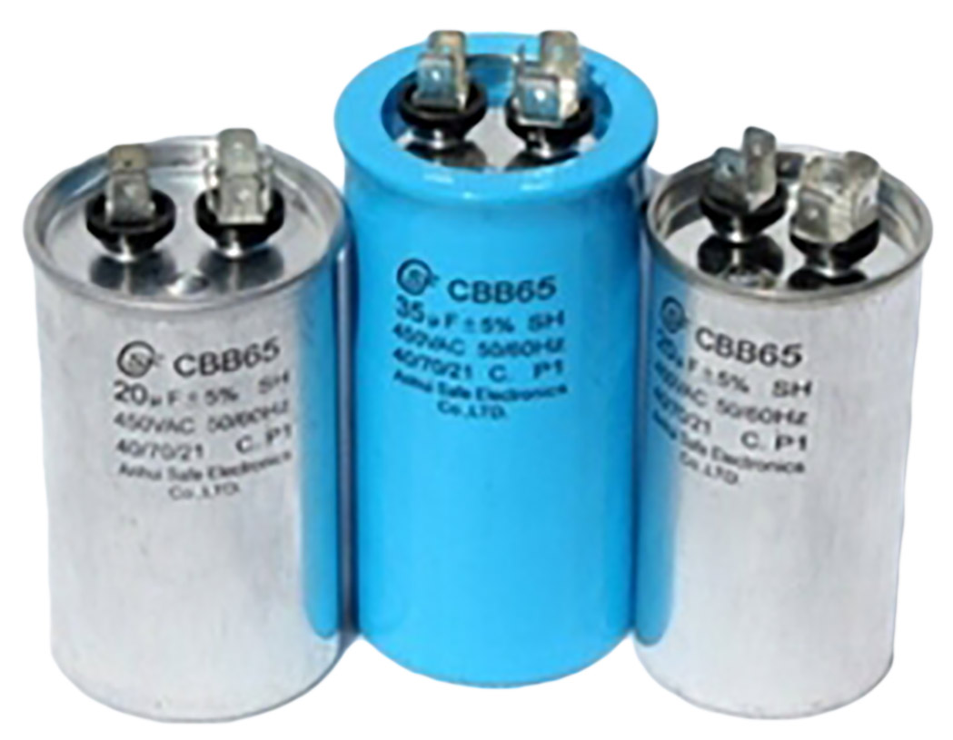 Three cylindrical capacitors (two silver, one blue) with top-mounted screw terminals.