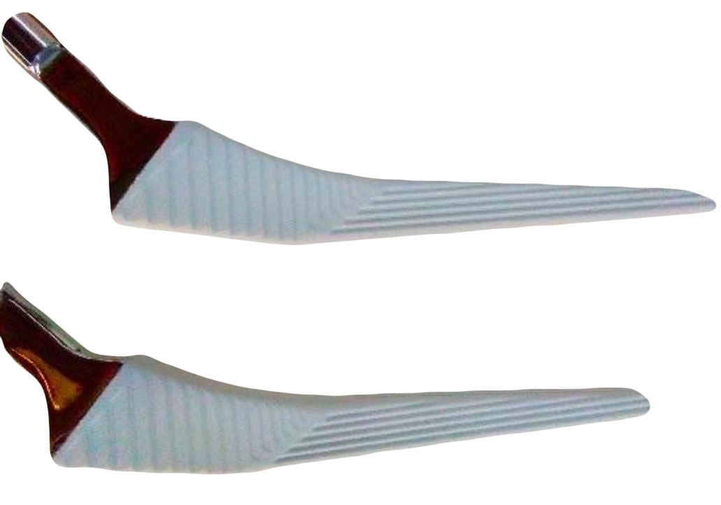 Two curved gray wing-like blades with ribbed surfaces and brown mounting bases laid side by side.