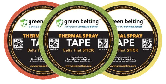 Three rolls of thermal spray tape in red, green, and yellow labeled “Thermal Spray Tape — Belts That Stick.”