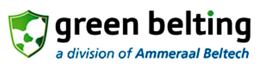 Green Belting logo with a green shield and soccer ball emblem, alongside the company name and the blue subtitle "a division of Ammeraal Beltech".