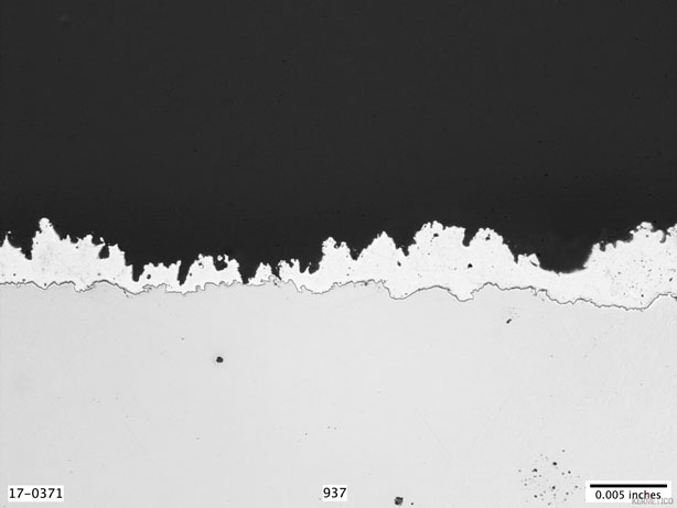 Microscopic cross-section showing a jagged boundary between a dark upper region and a pale lower region, with a 0.005 inch scale bar.