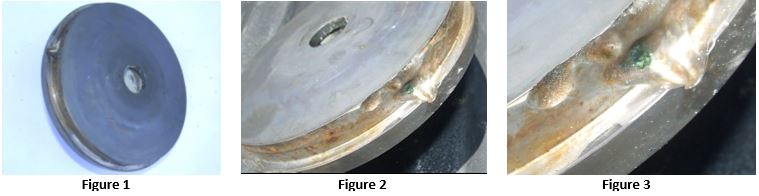 Triptych of close-up mechanical parts showing a blue circular disc, a worn metal ring, and a cracked seal on a cylindrical component.