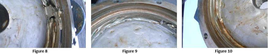 Three close-up views of a circular metal ring showing rust and wear around the inner edge.