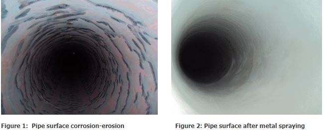Pipe surface comparison: left shows corrosion-erosion, right shows surface after metal spraying.
