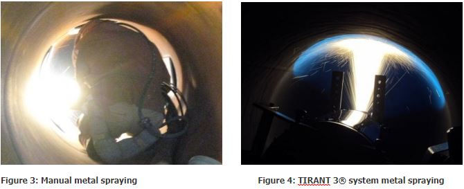 Two close-up images of manual metal spraying: a helmeted worker with a bright spray arc on the left and a blue-glow helmet on the right.