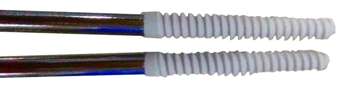 Two metal screws each fitted with white ribbed plastic sleeves.