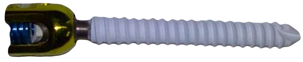 Gray coiled rope attached to a brass-colored metal fitting at one end.