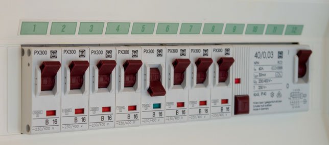 Row of red miniature circuit breakers mounted on a white electrical distribution panel.