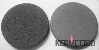 Two dark circular makeup powder pans placed side by side on a white background.