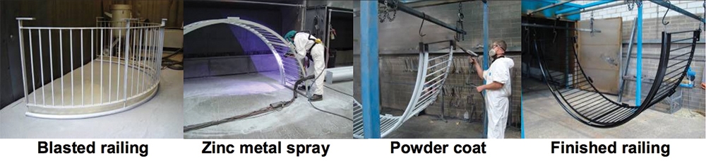 Railings shown in a four-stage finishing process: blasted railing, zinc spray, powder coat, and finished railing.