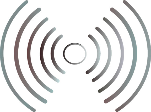 Abstract wireless signal icon with curved lines radiating from a central circle.