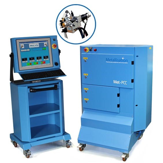 Two blue industrial machines on caster wheels: a control-panel unit with a screen on the left and a stacked-drawer cabinet on the right, with a circular inset showing a mechanical component.