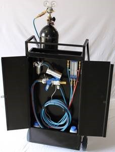 A black wheeled cabinet with its doors open, revealing blue hoses, valves, and a gas cylinder with a regulator on top.