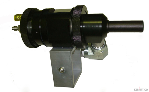 Solenoid actuator with a protruding shaft mounted on a metal bracket.