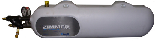 Gray horizontal cylinder with a black valve assembly on the left and the Zimmer logo on its side.