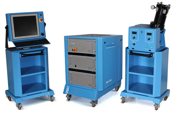 Three blue mobile laboratory carts on wheels, with a monitor on the left, a two-drawer cabinet in the center, and a device mounted on a cart on the right.