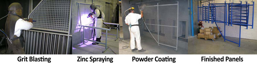A manufacturing line showing grit blasting, zinc spraying, and powder coating on panels, ending with finished panels.