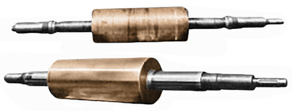 Two wooden rolling pins with metal ends lying parallel.