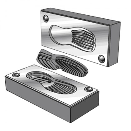Two metallic rectangular mold halves with curved, ribbed cavities that fit together.