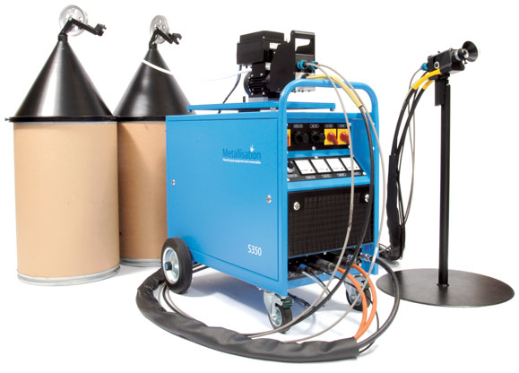 Blue portable welding fume extractor on wheels with two beige filter drums and an adjustable exhaust hood.
