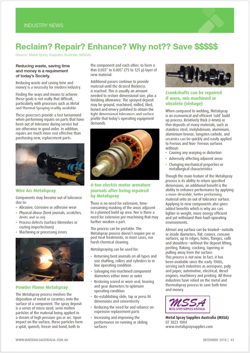 A green-themed newsletter page titled “Reclaim? Repair? Enhance? Why not? Save $$$” with three text columns and multiple repair-related photos plus a small logo in the bottom-right corner.
