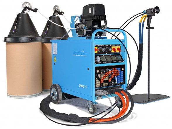 Blue portable welding fume extractor on wheels with dual filter canisters and a connected handheld torch.