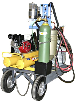 Mobile wheeled cart with a green gas cylinder, yellow air compressor, blue control panel, and red/black hoses.