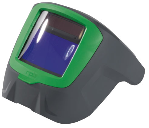 RPB Z-Link respirator helmet, product view showing the green-trimmed visor