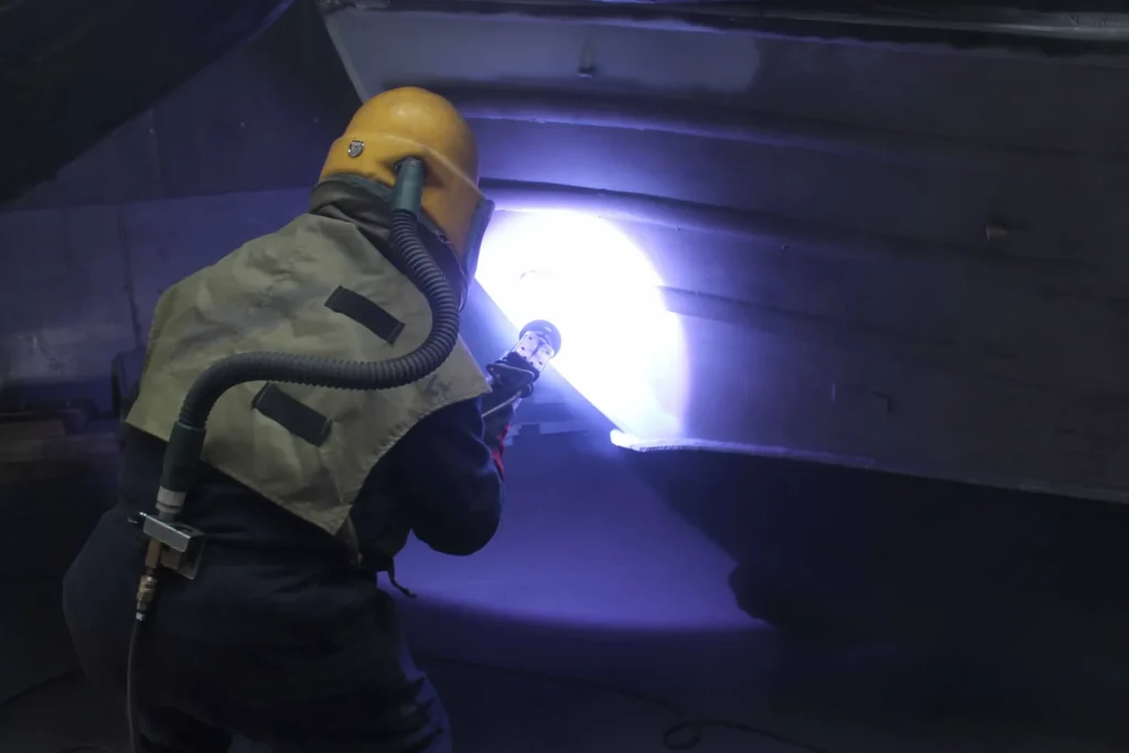 A welder wearing a yellow helmet and protective gear welds metal, creating a bright blue arc.